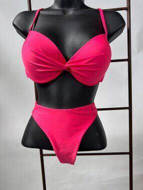 Relleciga Womens Pink Strappy Bikini Set With Adjustable Top & Cheeky Bottom Med